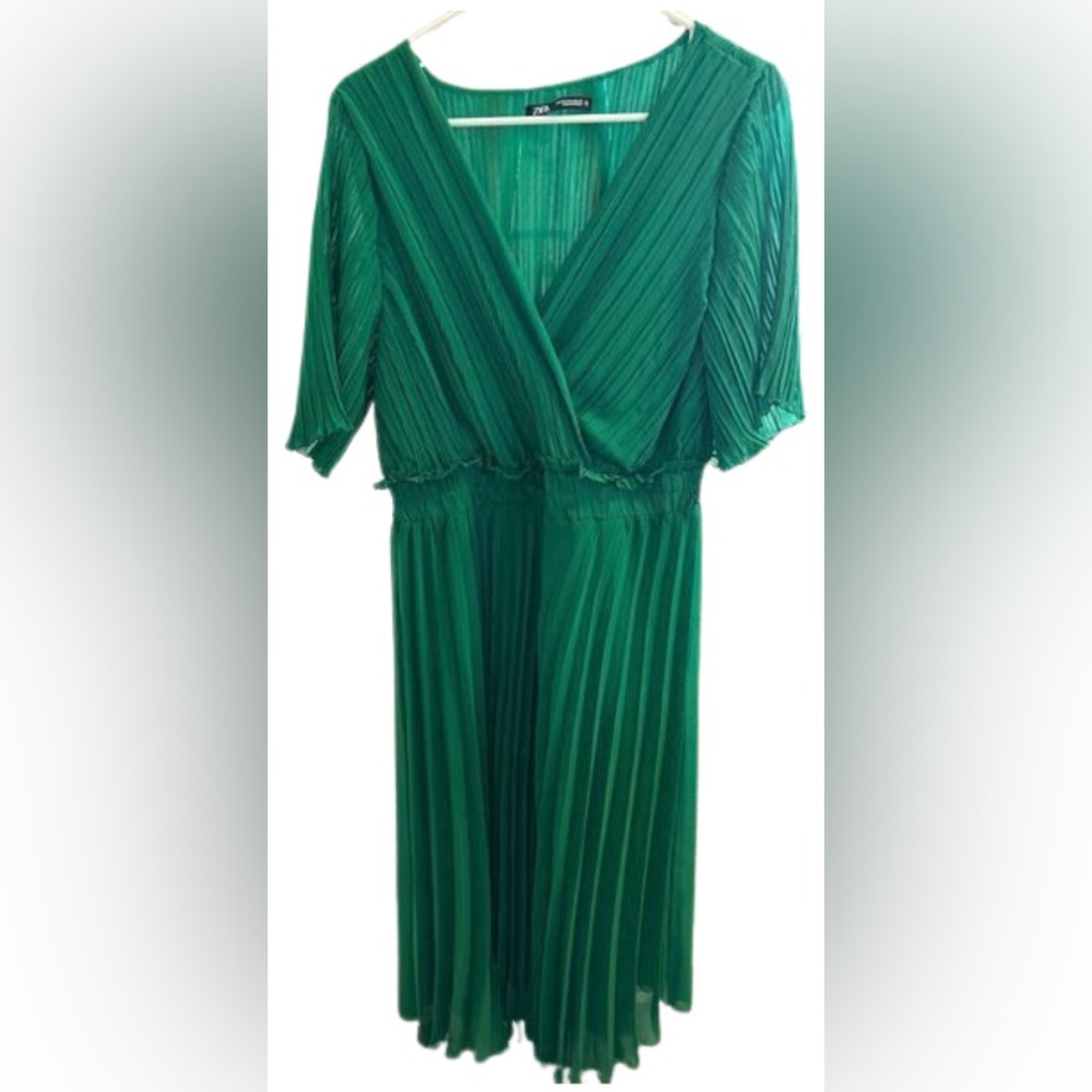 ZARA Short sleeve, sheer green wrap midi dress with lining. Size XL.